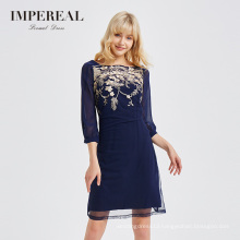 Factory price lady three quarter sleeve embroidered party mini summer dress